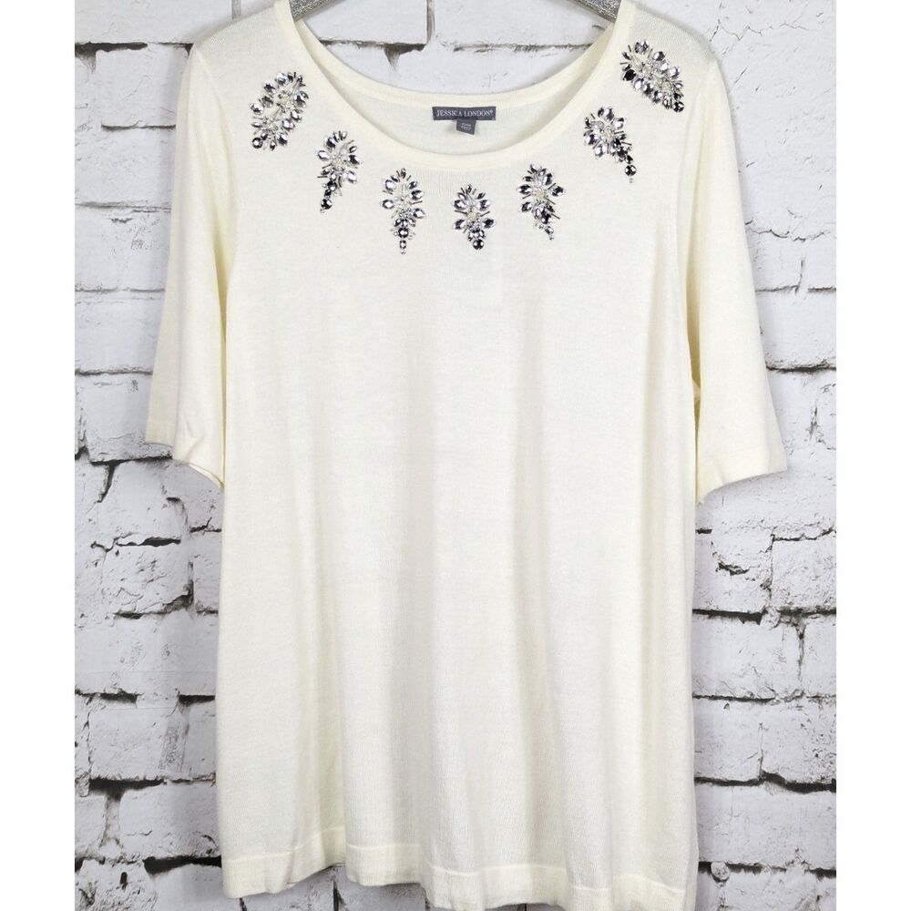 JESSICA LONDON Beaded Rhinestone Knit Sweater 10% Cashmere Cream Size 22/24 NWT